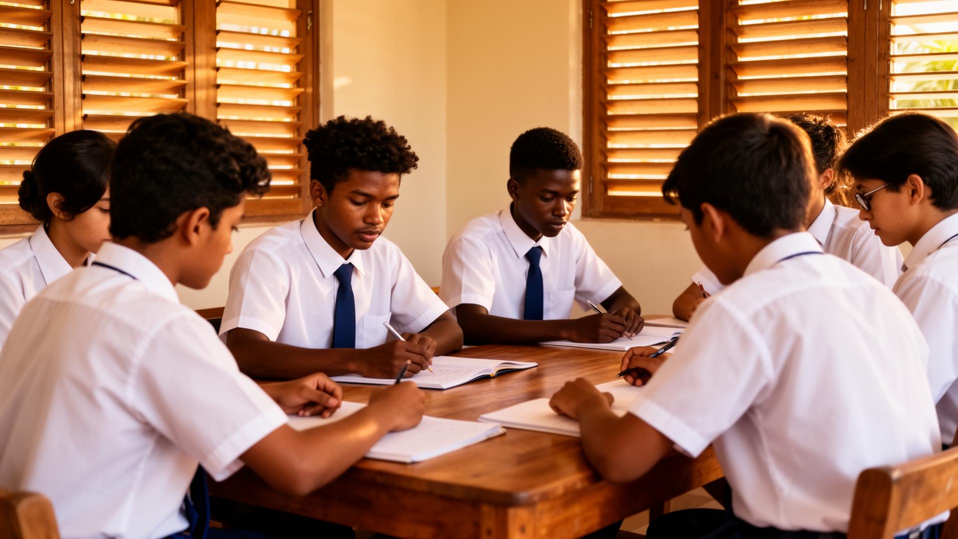 A group of Mauritian secondary students studying together in warm afternoon light